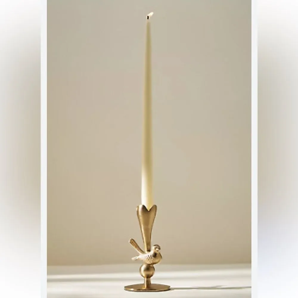 Anthropologie Marizia Sparrow Metal Taper Candle Holder Gold Birds Nature